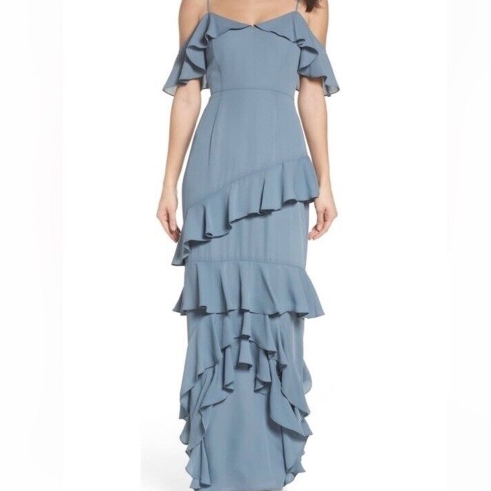 Off shoulder tiered floor length dress. Size medium.